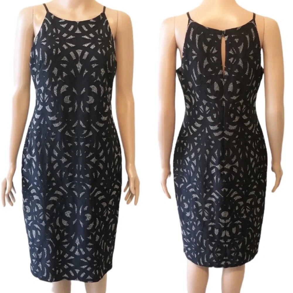 Aidan Mattox Black Silver Laser Cut Cutout Sleeveless Sheath Dress Women's US 4